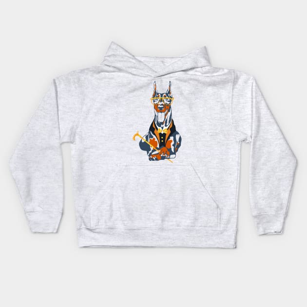 Hipster dog Doberman Pinscher Kids Hoodie by kavalenkava